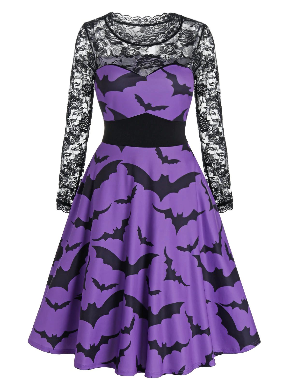 Halloween Bat Print Sheer Lace Panel High Waist Dress