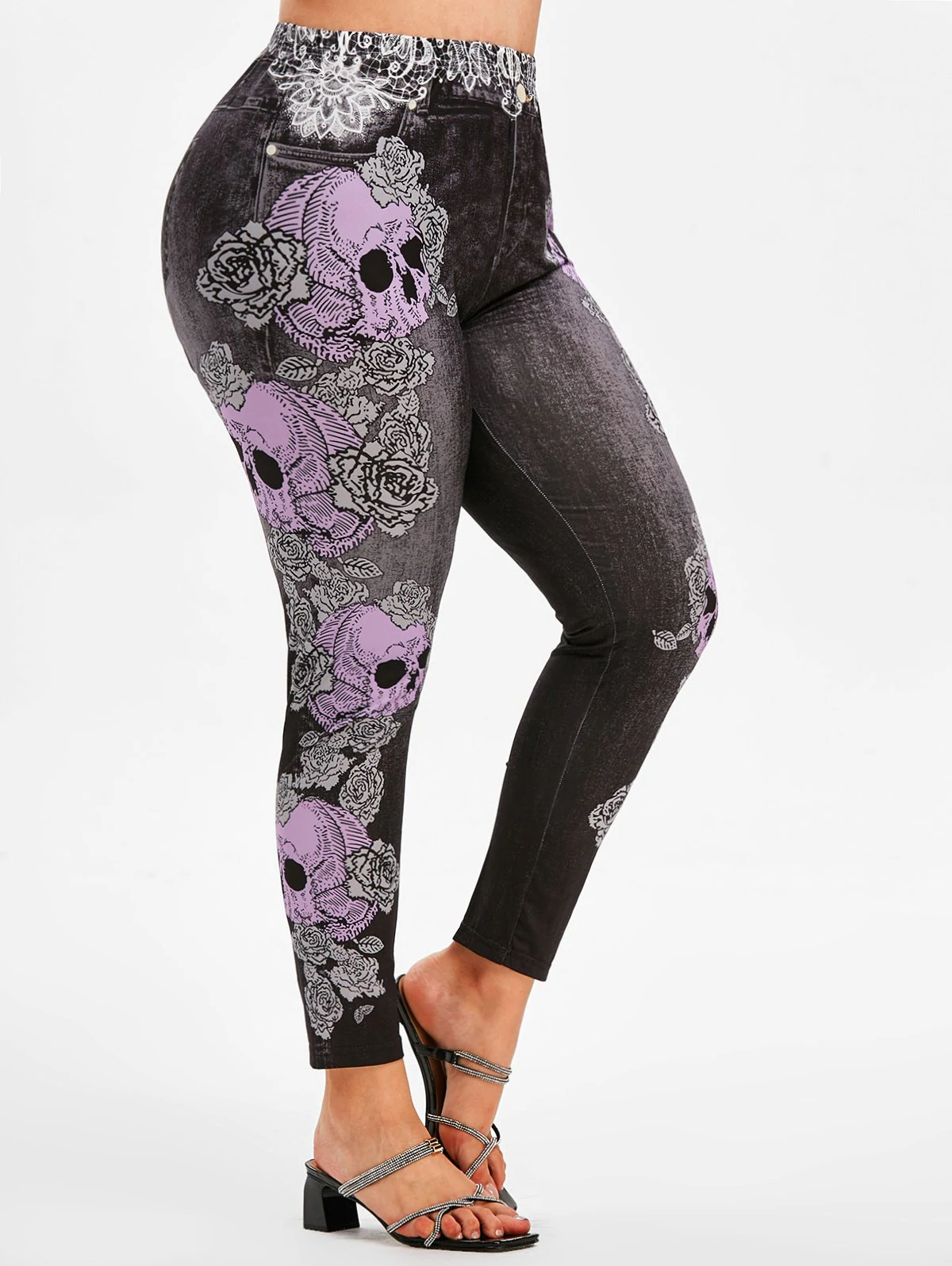 Skull Floral 3D Print Halloween Plus Size Jeggings