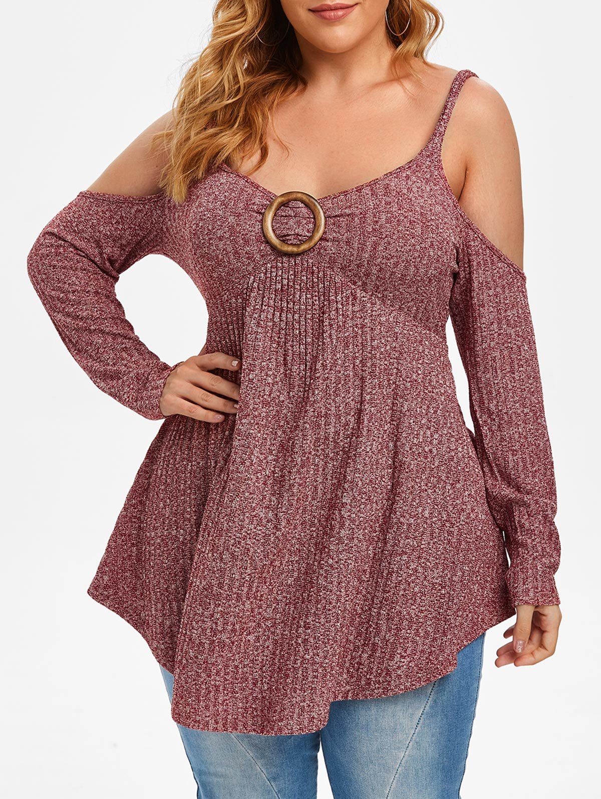 Plus Size Open Shoulder Pintuck Curved Hem Sweater