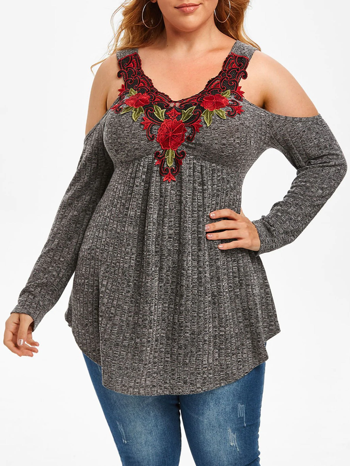 Plus Size Floral Applique Heathered Cold Shoulder Knitwear