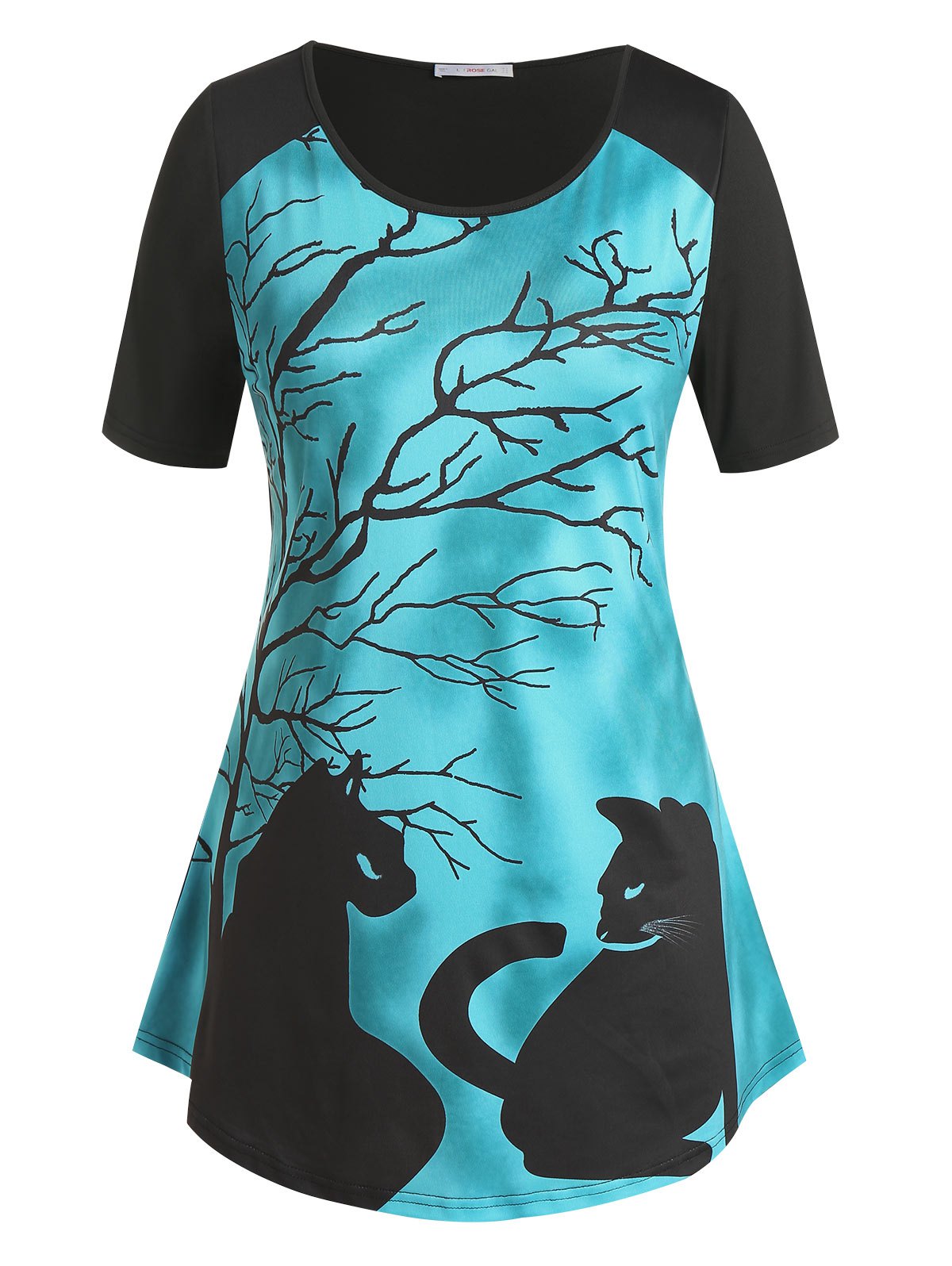 Plus Size Cat Branch Print Short Sleeve Tee