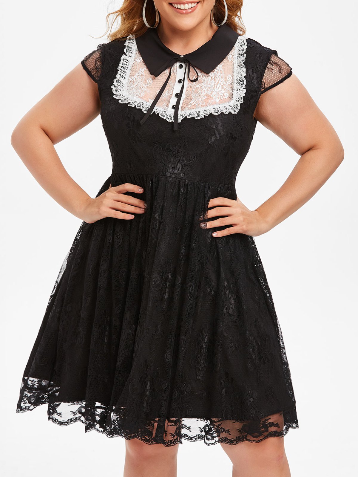 Cap Sleeve Tie Collar Mock Buttons Lace Plus Size Dress