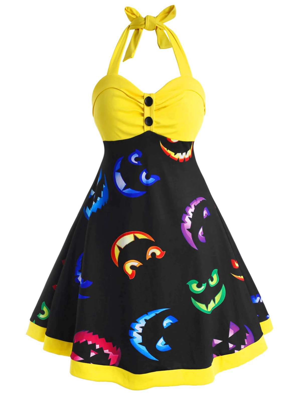 Halter Button Front Printed Halloween Plus Size Dress