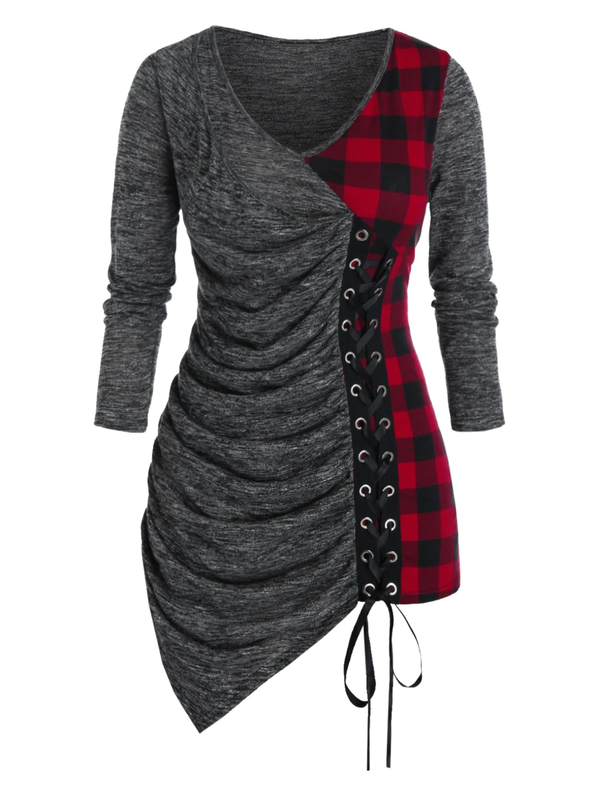 Plus Size Asymmetric Plaid Marled Lace-up Ruched Tee