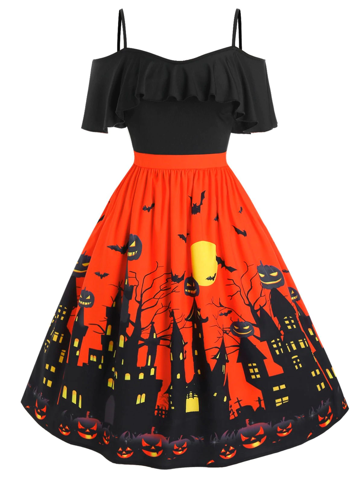 Plus Size Halloween Castle Pumpkin Bat Open Shoulder Dress