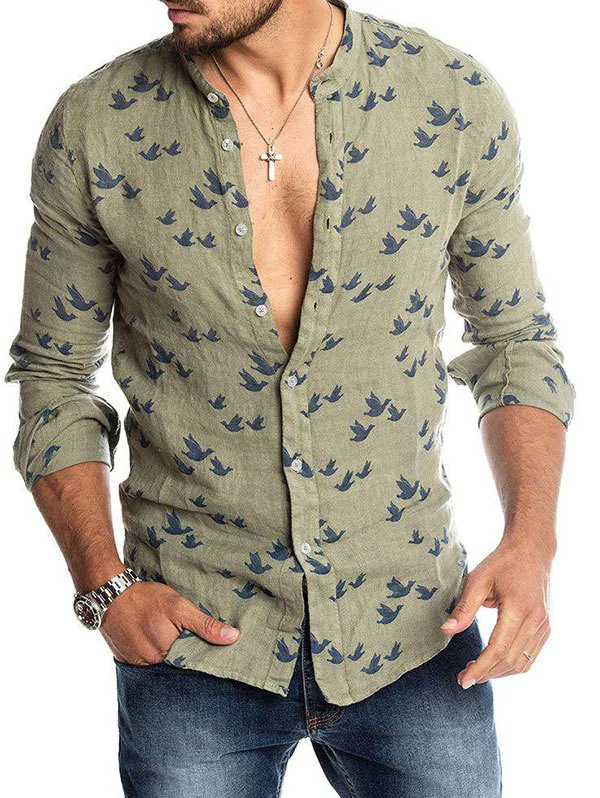 Stand Collar Birds Print Button Up Shirt