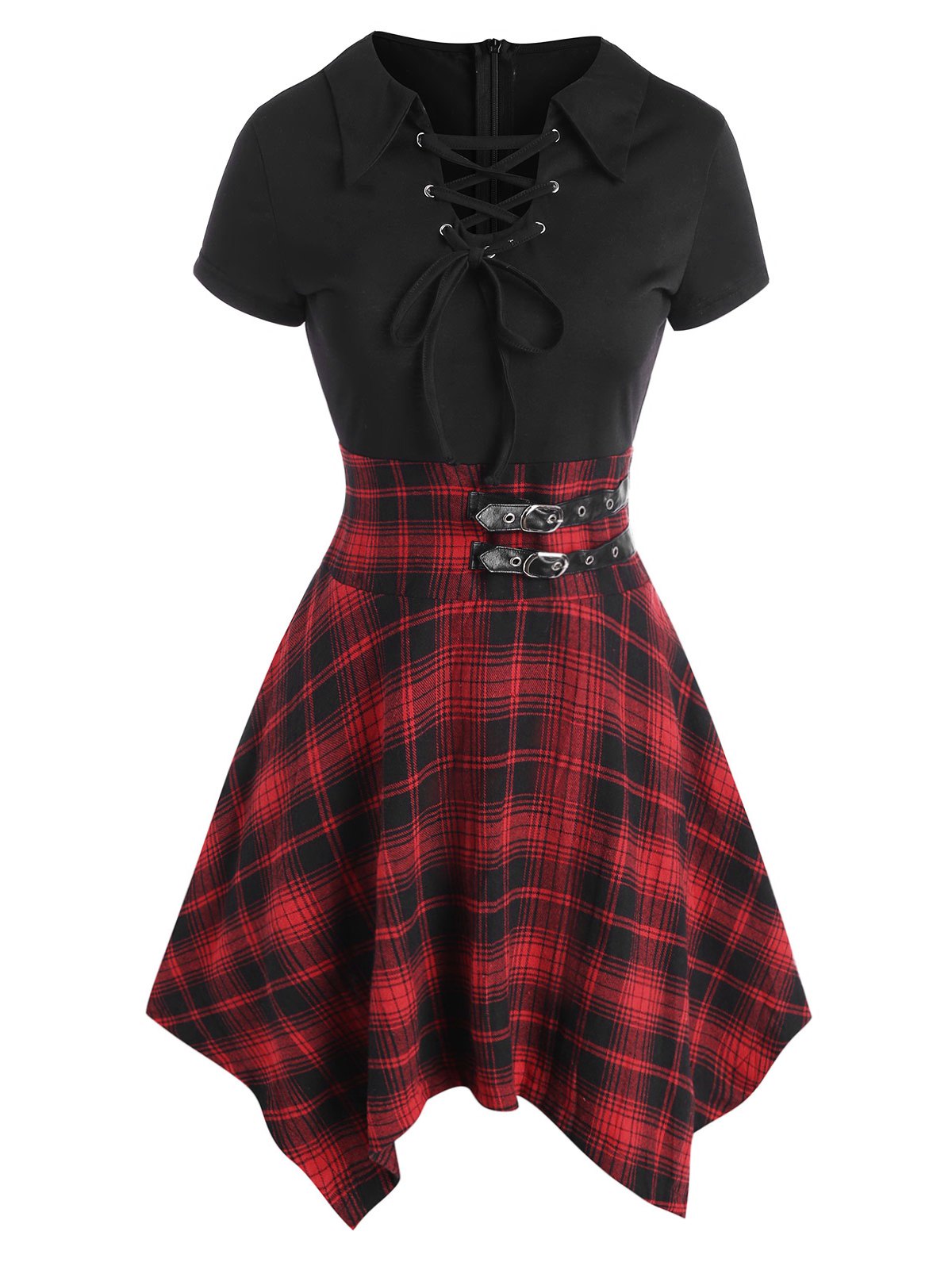 Plaid Lace Up Buckle Embellished Handkerchief Dress