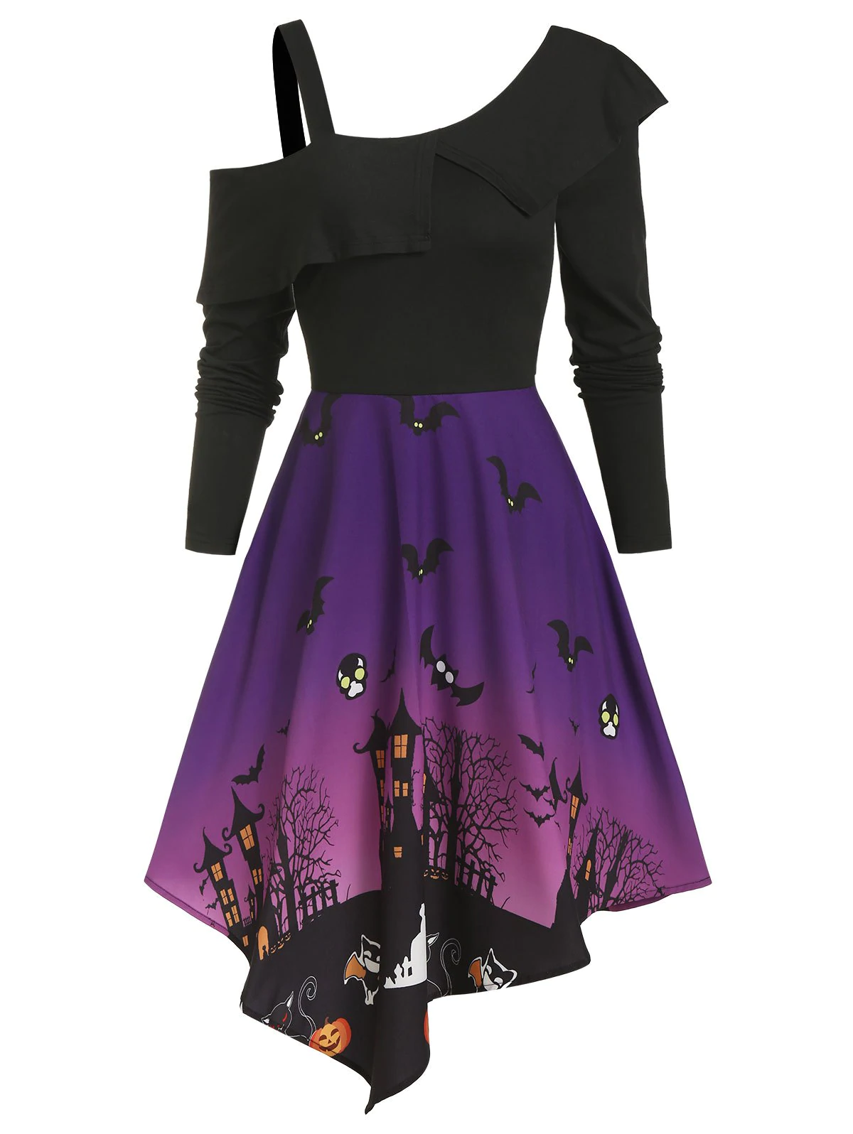 Halloween Night Bat Pattern High Waist Asymmetrical Dress