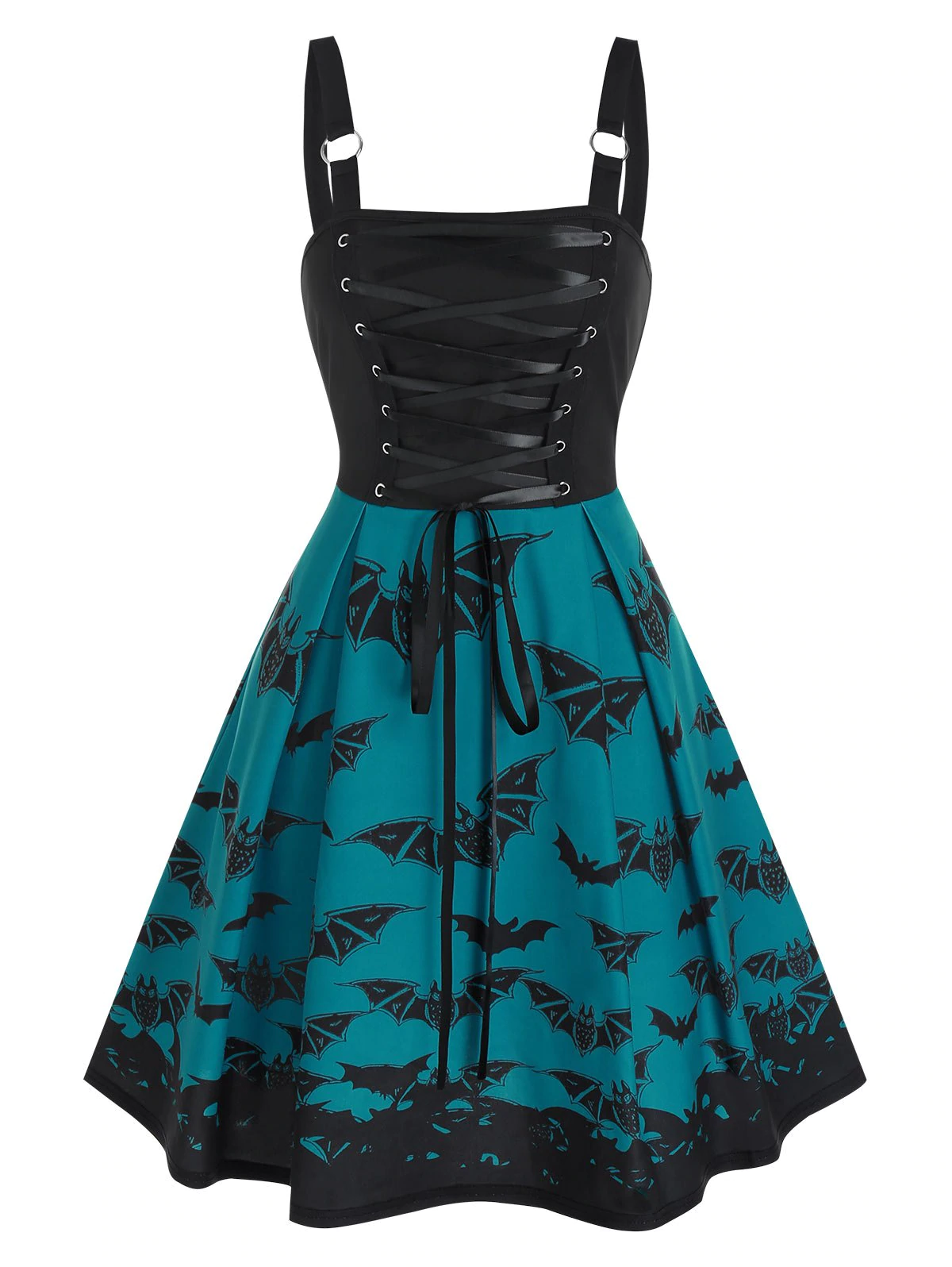 Lace Up Bat Print High Waist Cami A Line Dress