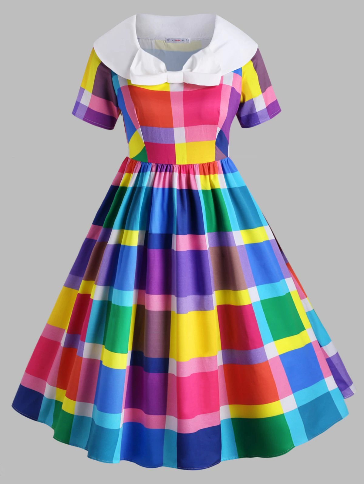 Bowknot Collar Colorful Plaid Plus Size Vintage Dress