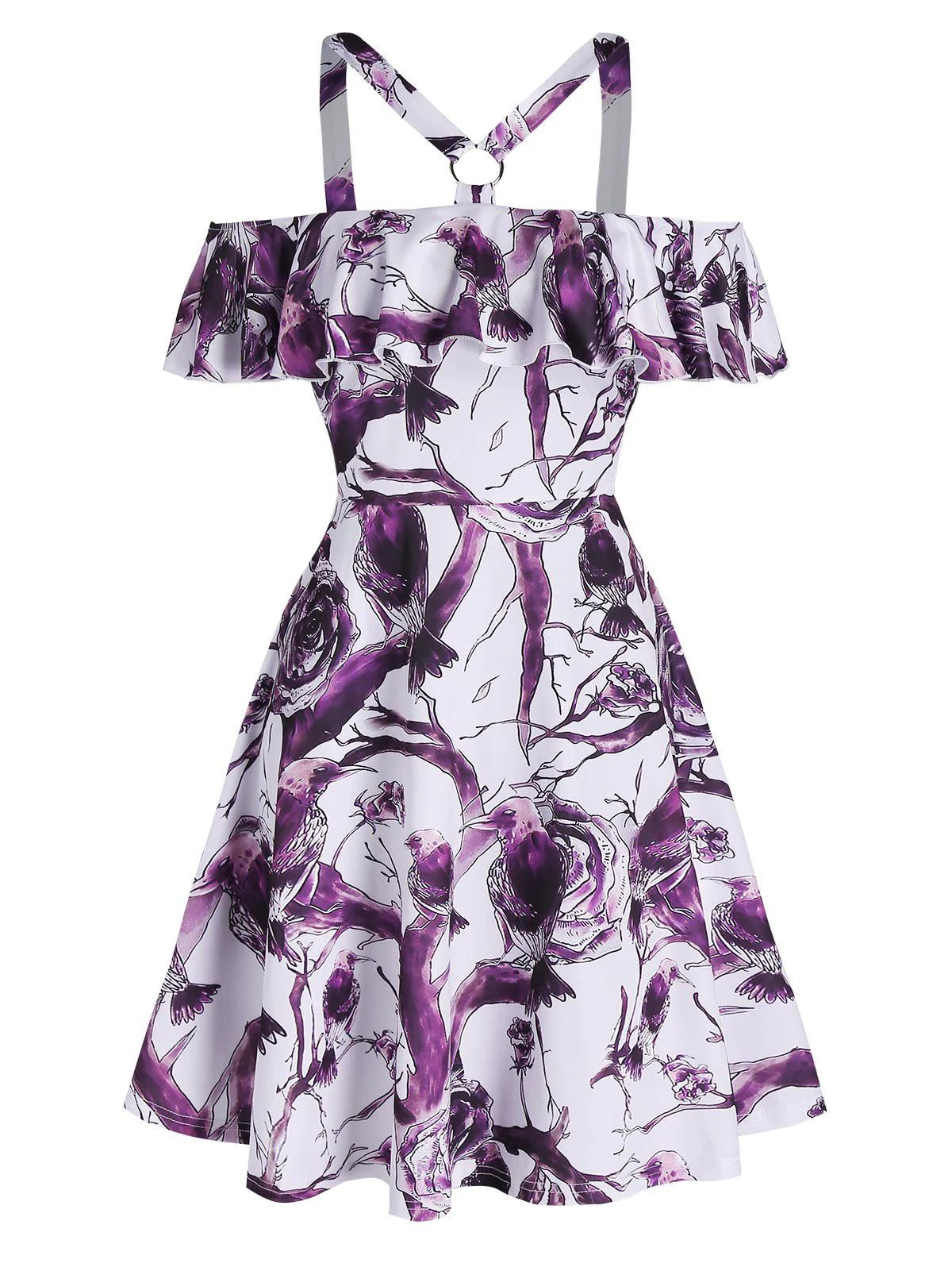 Exposed Shoulder Birds Print Ruffle Mini High Waist Dress