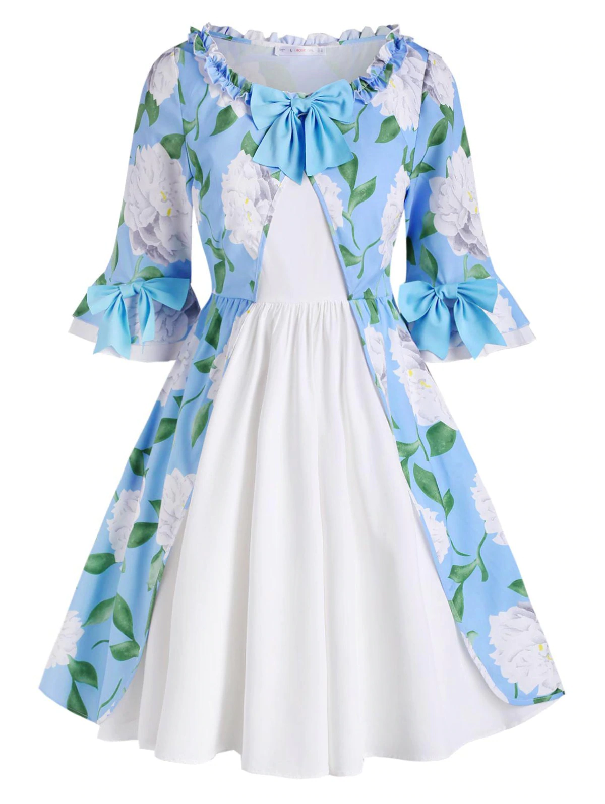 Floral Bowknot Frilled Trim Plus Size Dress