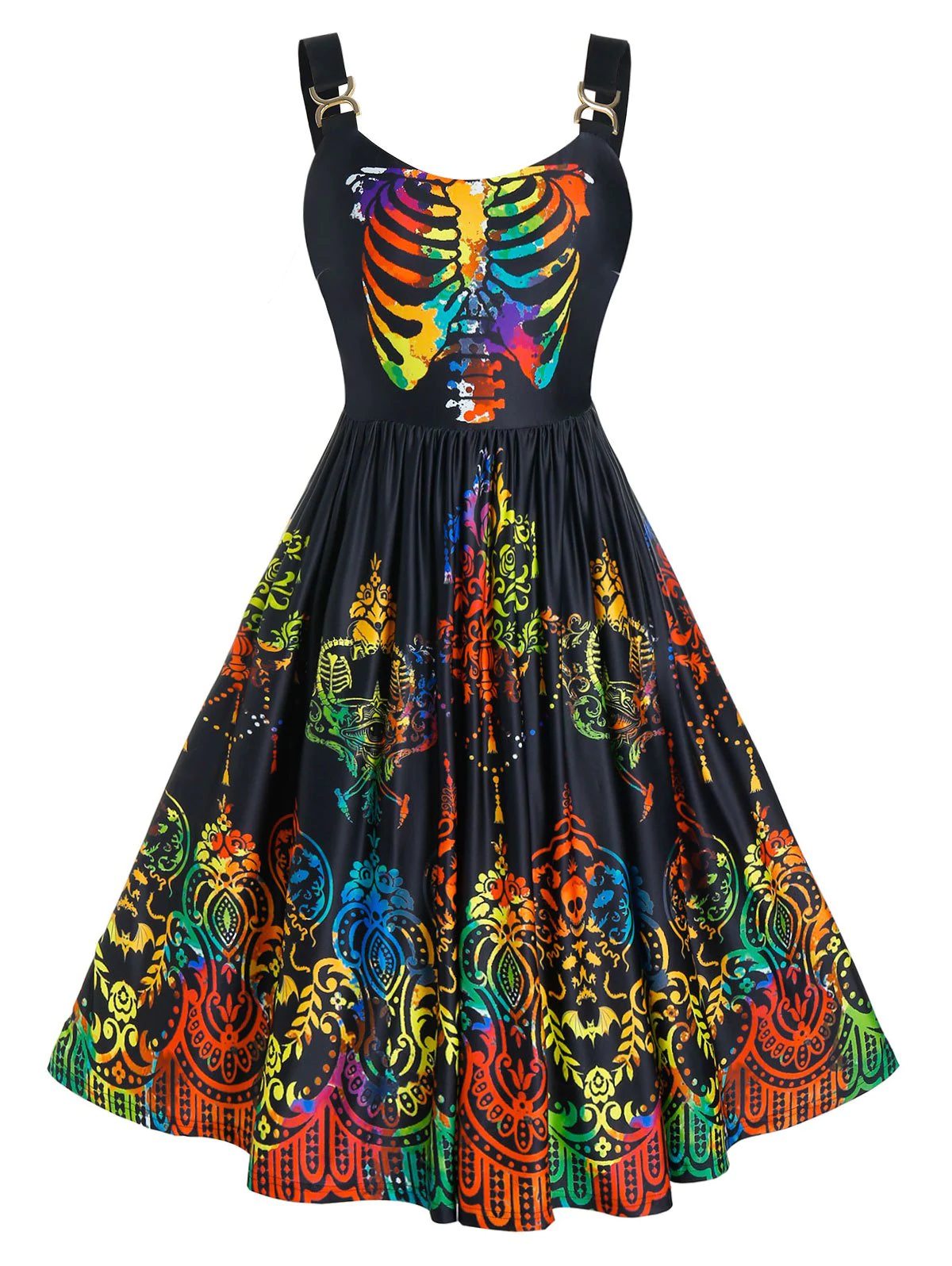 Plus Size Colorful Skeleton Skull A Line Halloween Dress