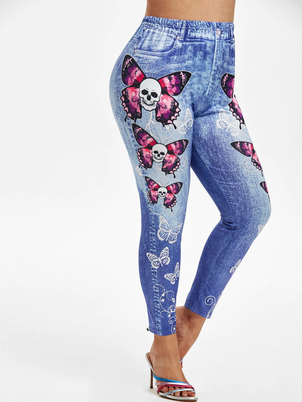 Plus Size Skull Butterfly Print Halloween Jeggings