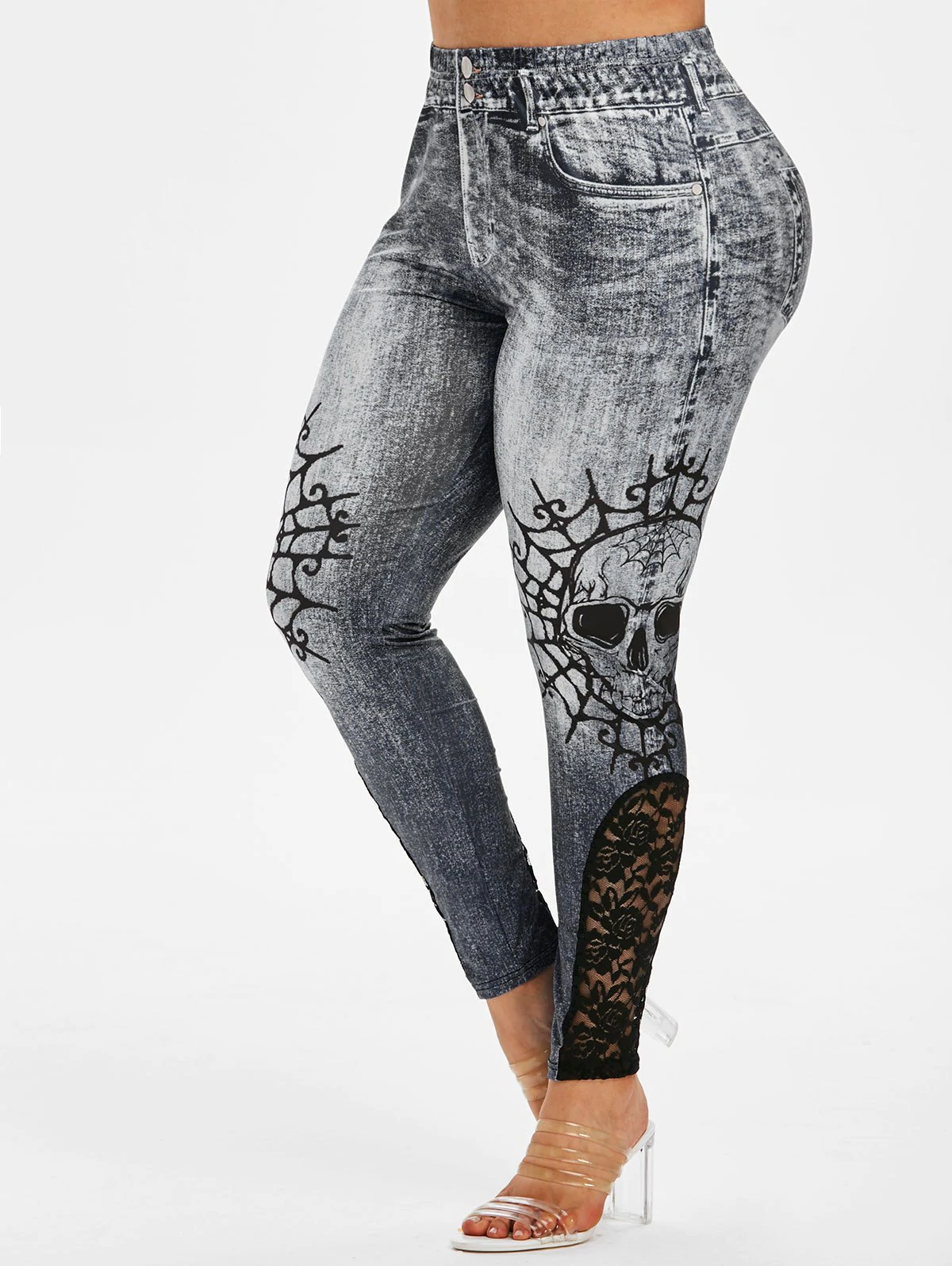 Plus Size Halloween Skull Print Lace Insert Jeggings