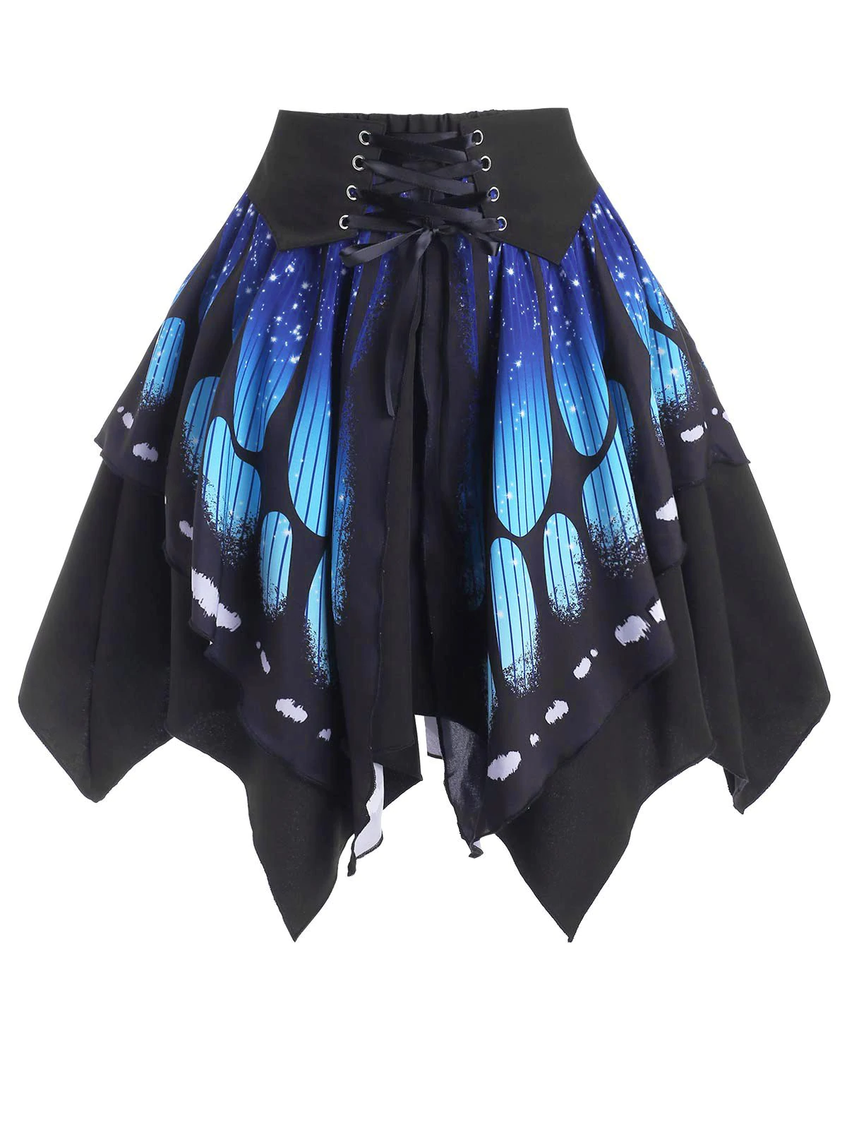 Lace Up Galaxy Butterfly Print Handkerchief Skirt