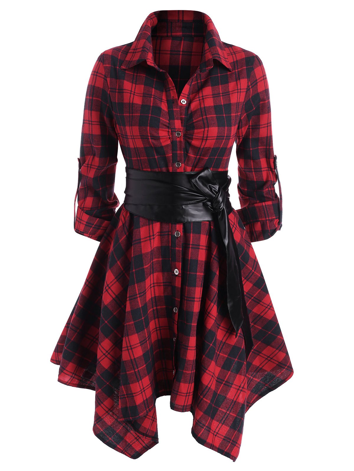 Plaid Belted Roll Up Sleeve Handkerchief Dress