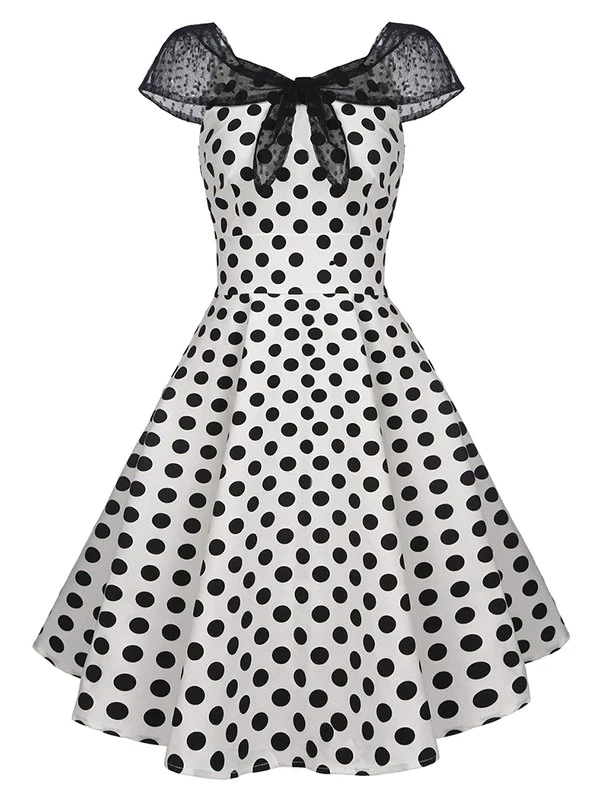 Polka Dot Lace Insert Tied Cap Sleeve Vintage Dress