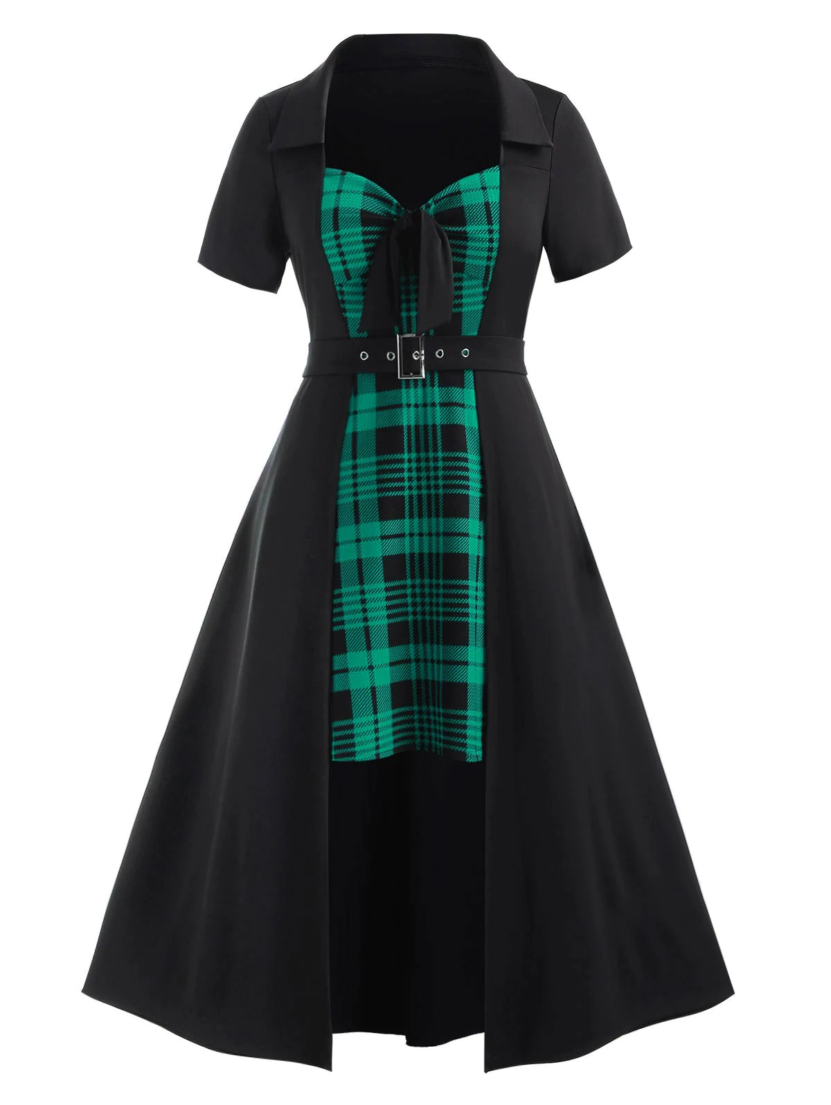 Plus Size Plaid Splicing Bowknot Asymmetric Dress