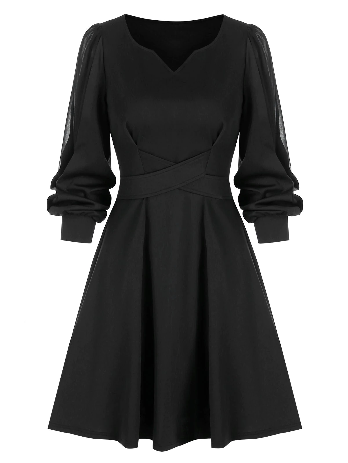 V-notched Bishop Sleeve Flare Dress