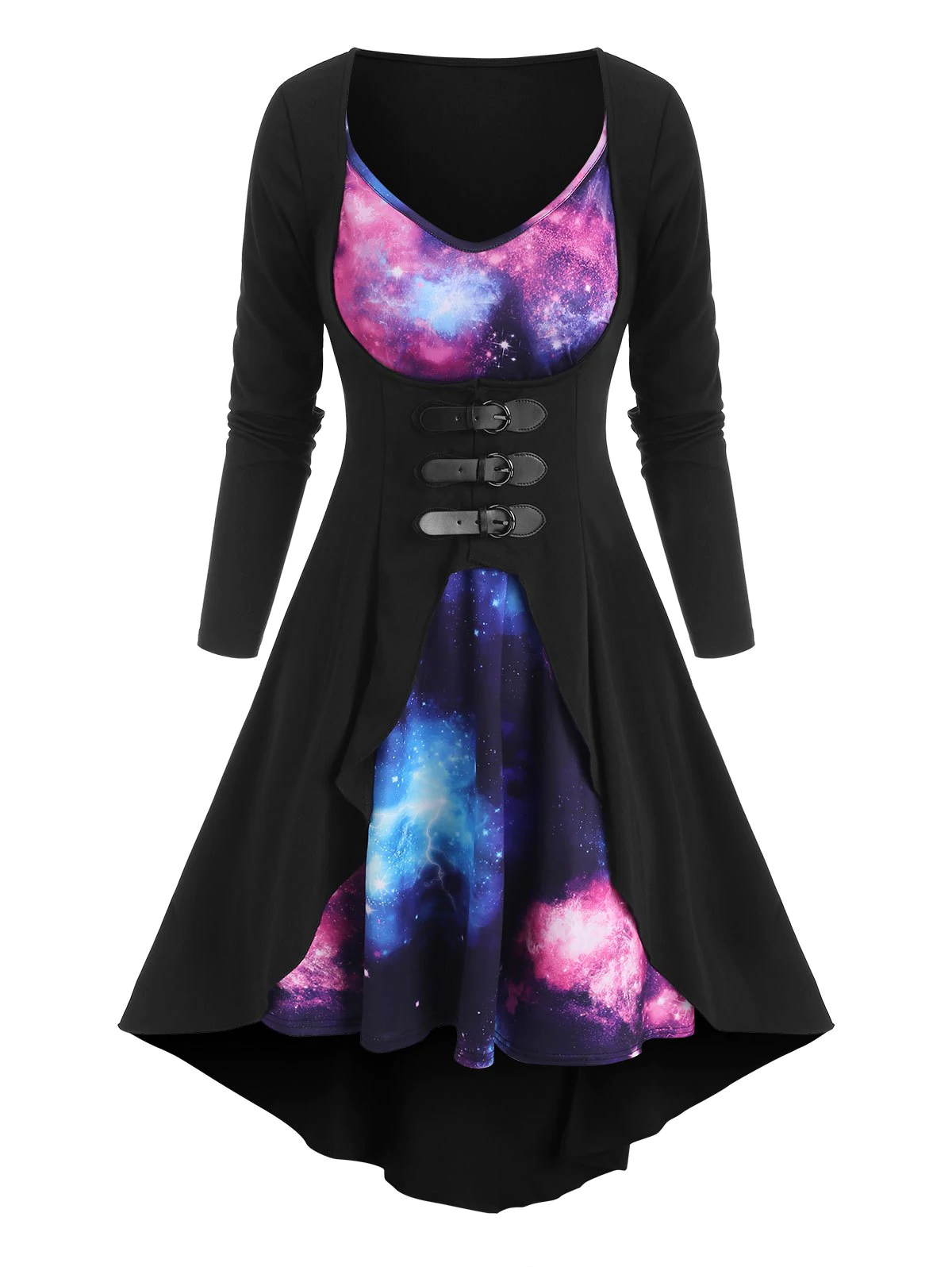 Galaxy Print Dress and Buckled Duster Coat Set