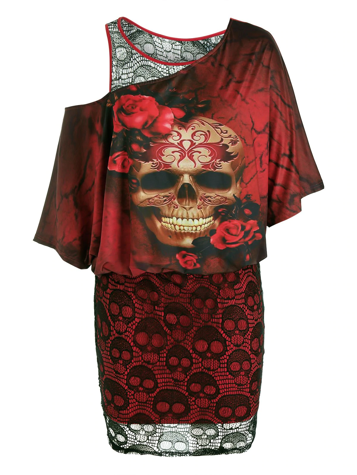 Plus Size Halloween Skull Lace Skew Neck Bodycon Dress