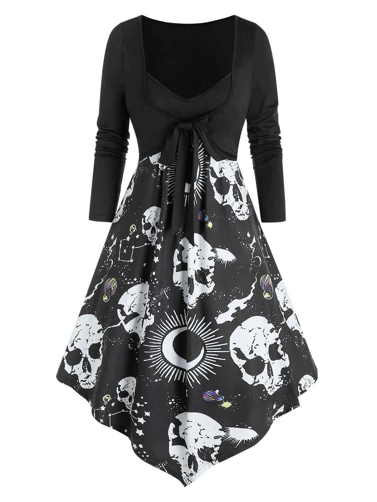 Skull Starry Print Faux Twinset Empire Waist Asymmetrical Dress