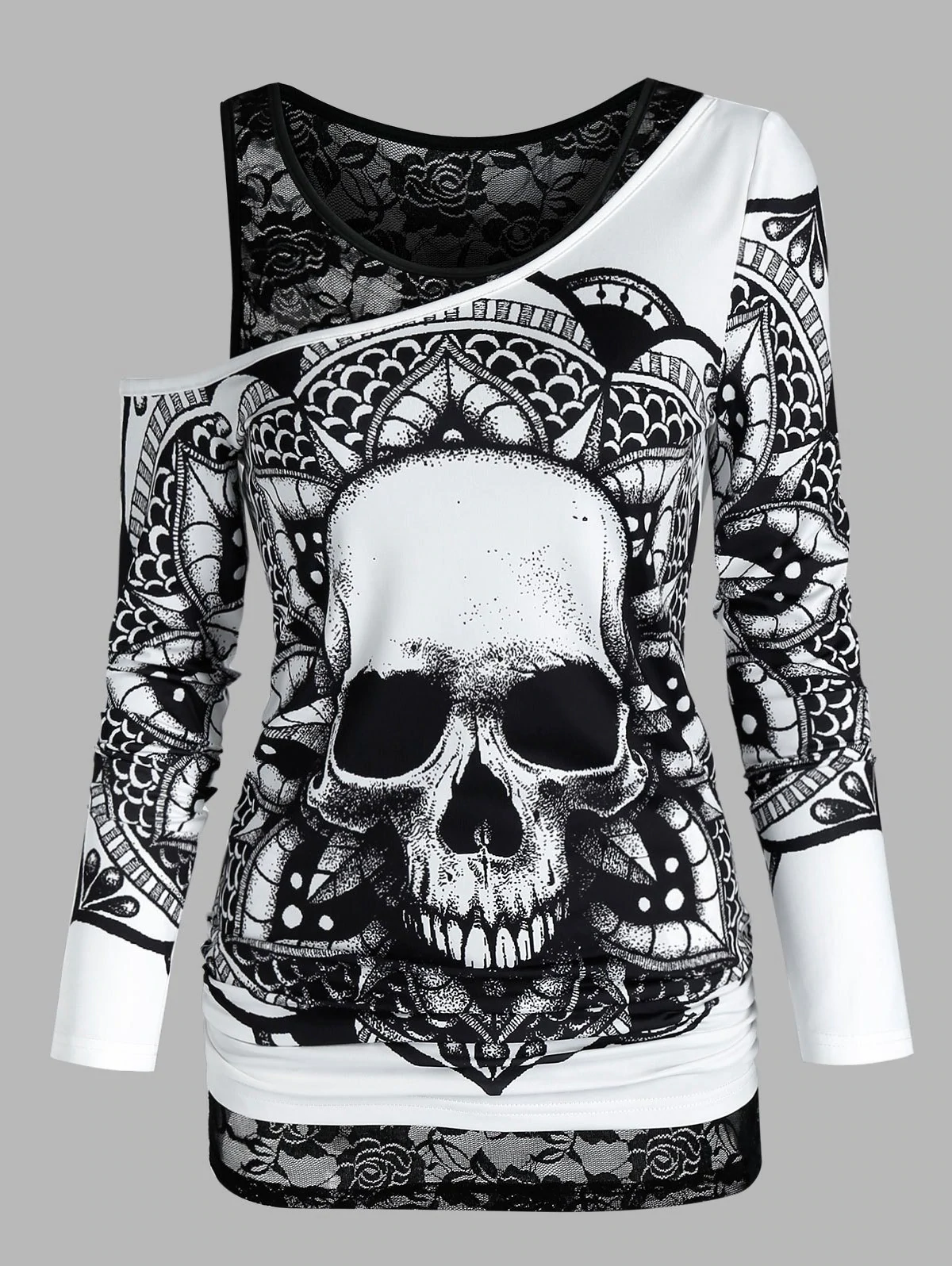 Skull Graphic Sheer Lace Open Shoulder Two Piece T Shirt Sets