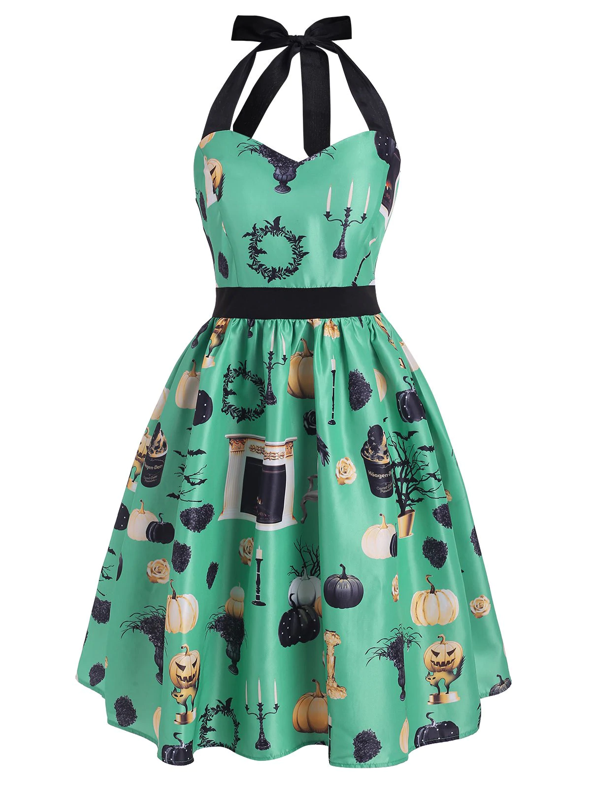 Halloween Pumpkin Cat Flower Print Halter Dress