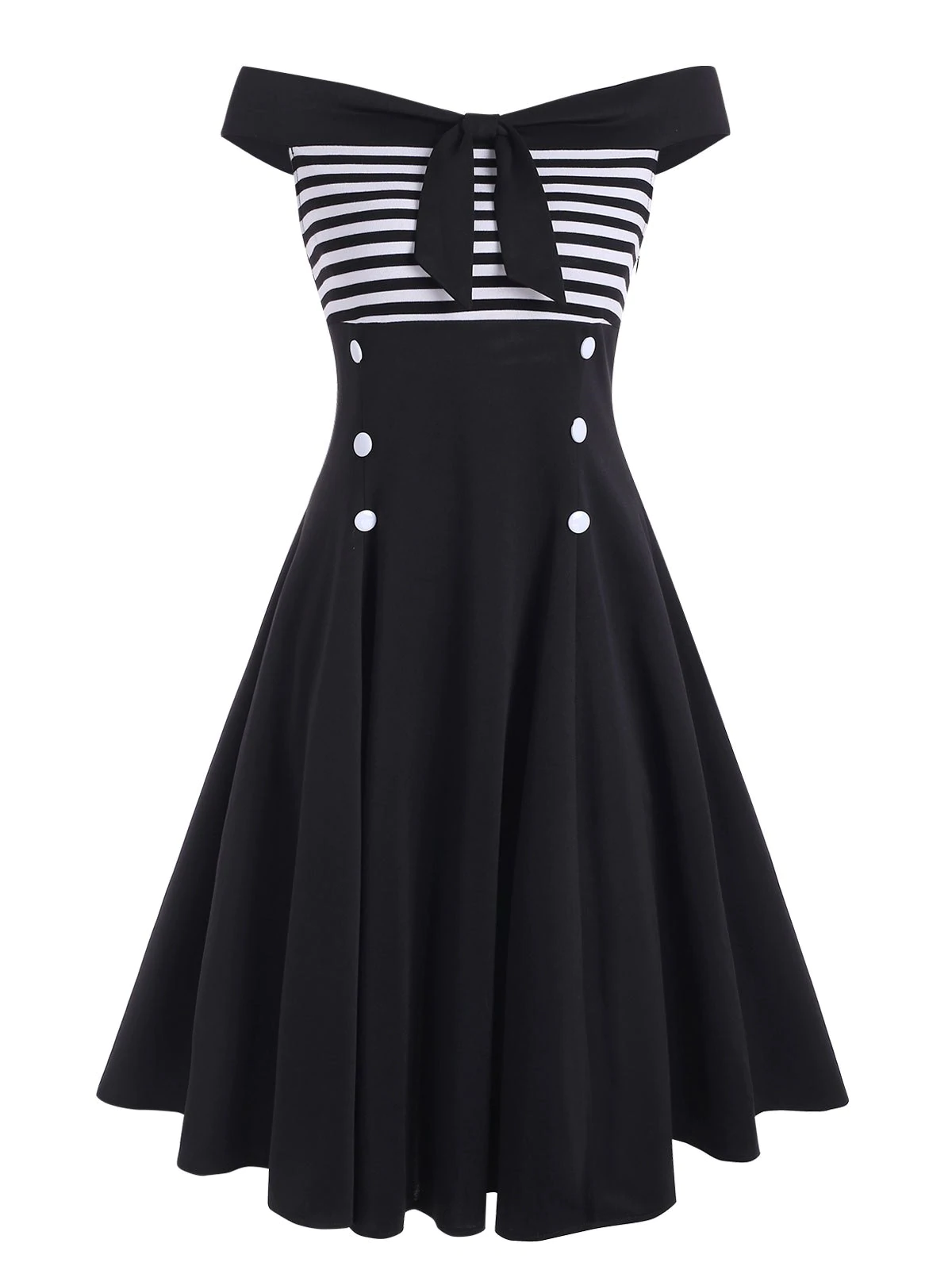 Striped Bowknot Off Shoulder Mock Button Dress