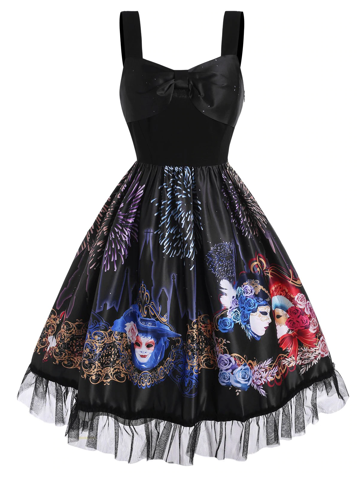 Bowknot Flower Face Fireworks Print Lace Insert Dress