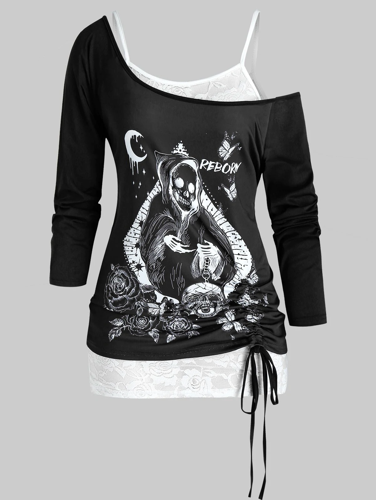 Plus Size Halloween Skull Skew Collar T-shirt and Cami Top Set