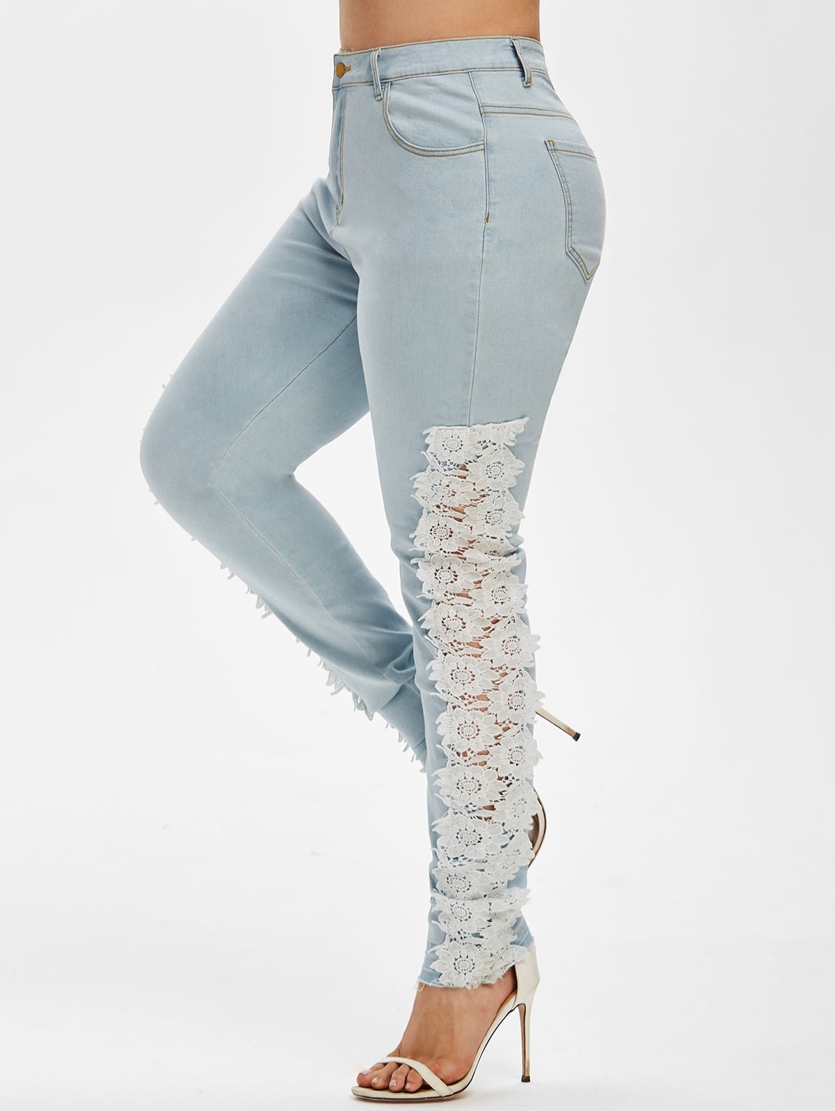 Plus Size Faded Lace Panel Jeans