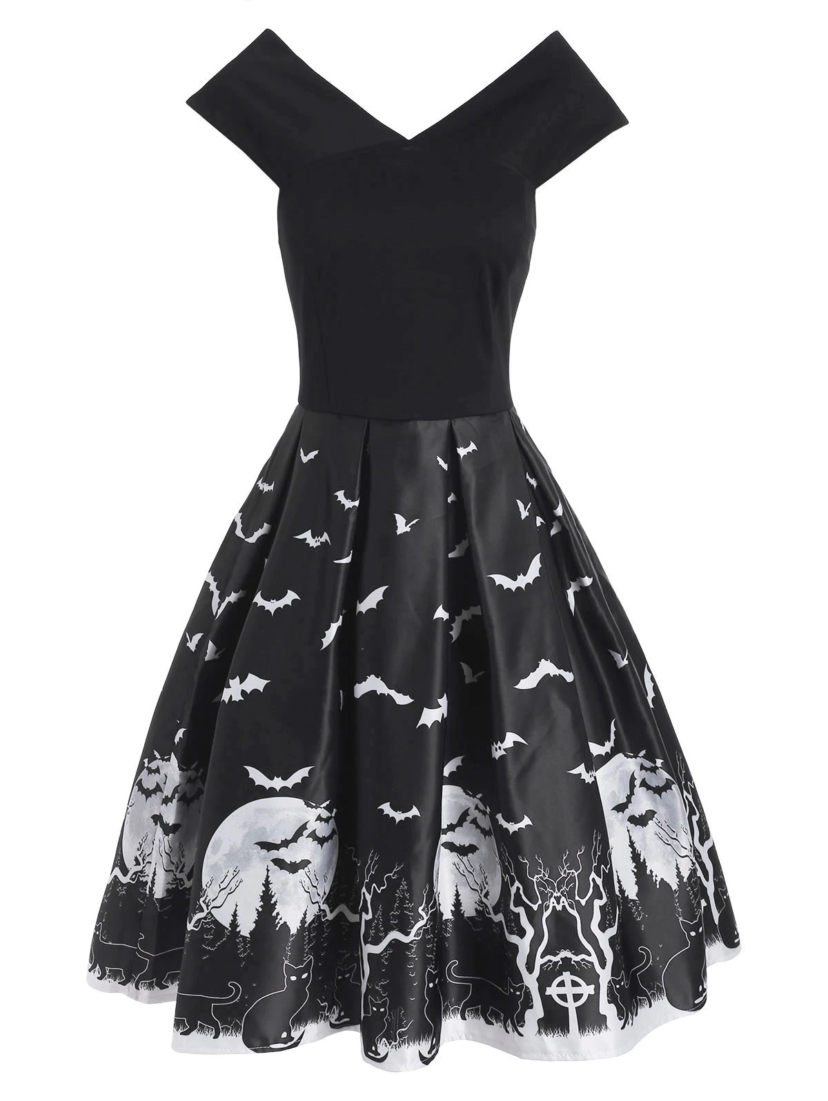 Halloween Tree Bat Moon Cat Print V Neck Dress