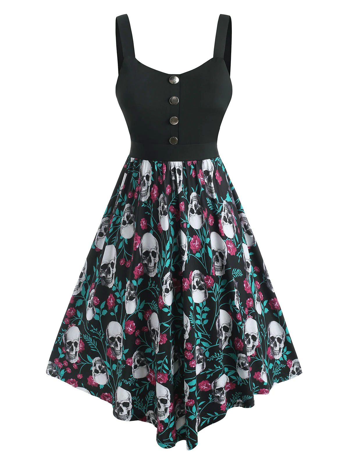 Plus Size Skull Rose Print Halloween Fit and Flare Dress