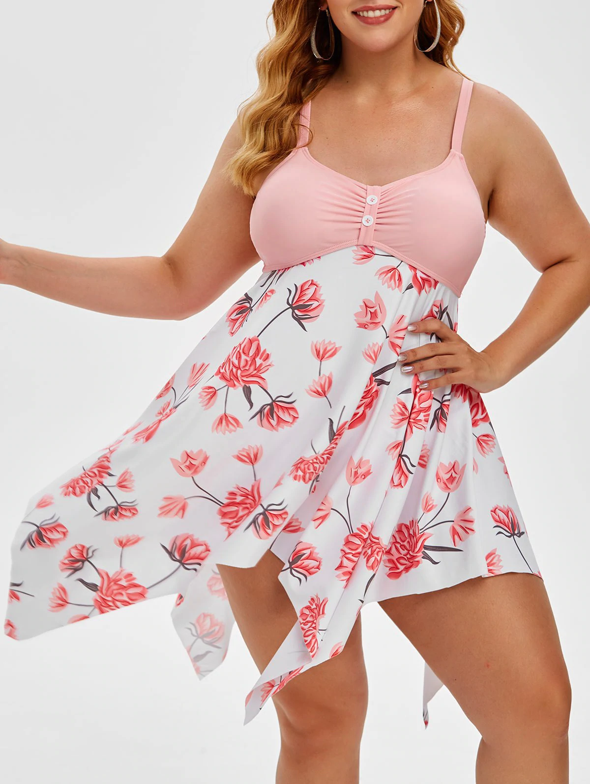 Plus Size Handkerchief Floral Print Empire Waist Tankini Swimwea