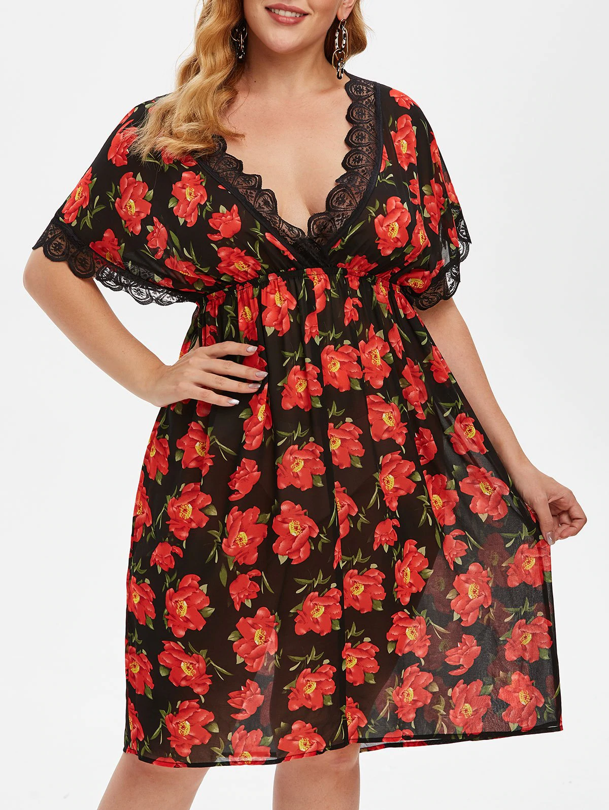 Plus Size Plunge Floral Print Chiffon Intimate Dress