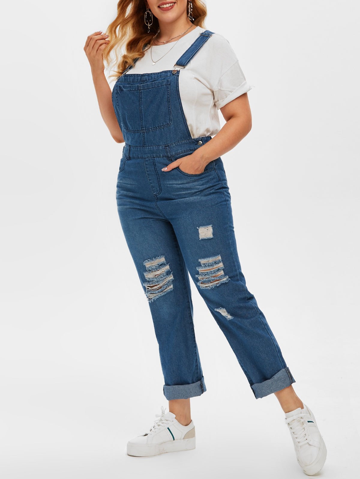 Plus Size Ripped Dungaree Jumpsuit