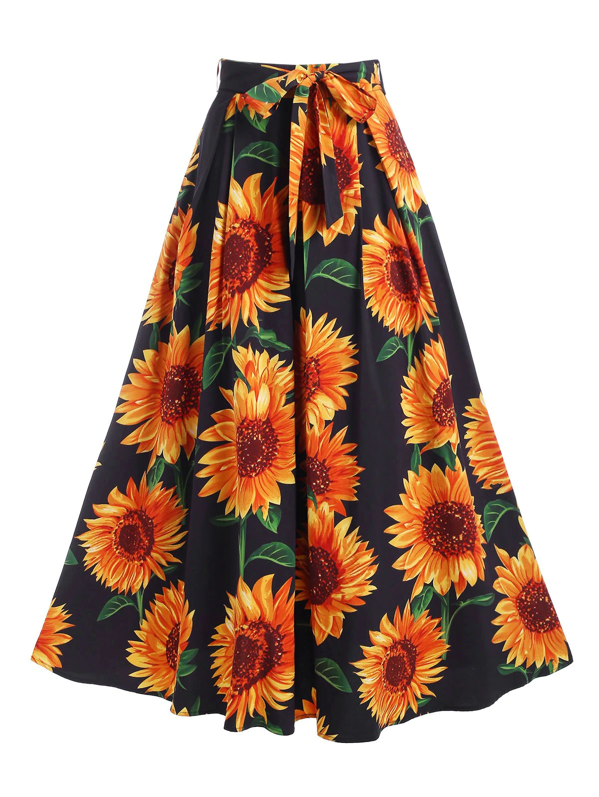 Sunflower Print Belted Maxi Skirt