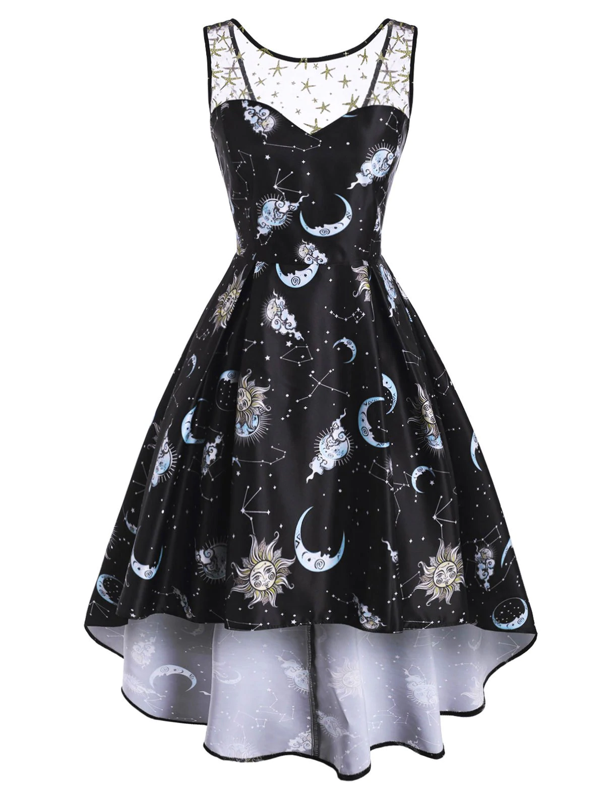 Sparkle Star Moon Sun Print Lace Insert High Low Dress