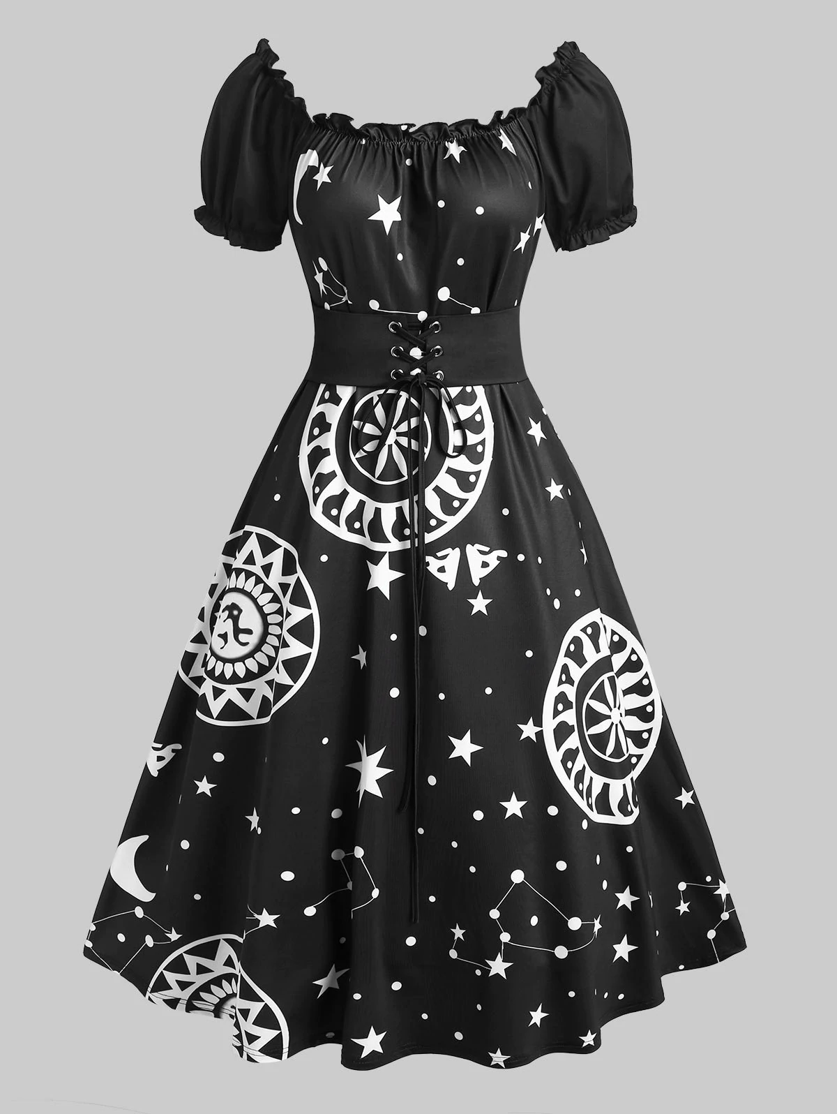 Tie Waist Starry Print Lettuce Trim Mid Calf Dress