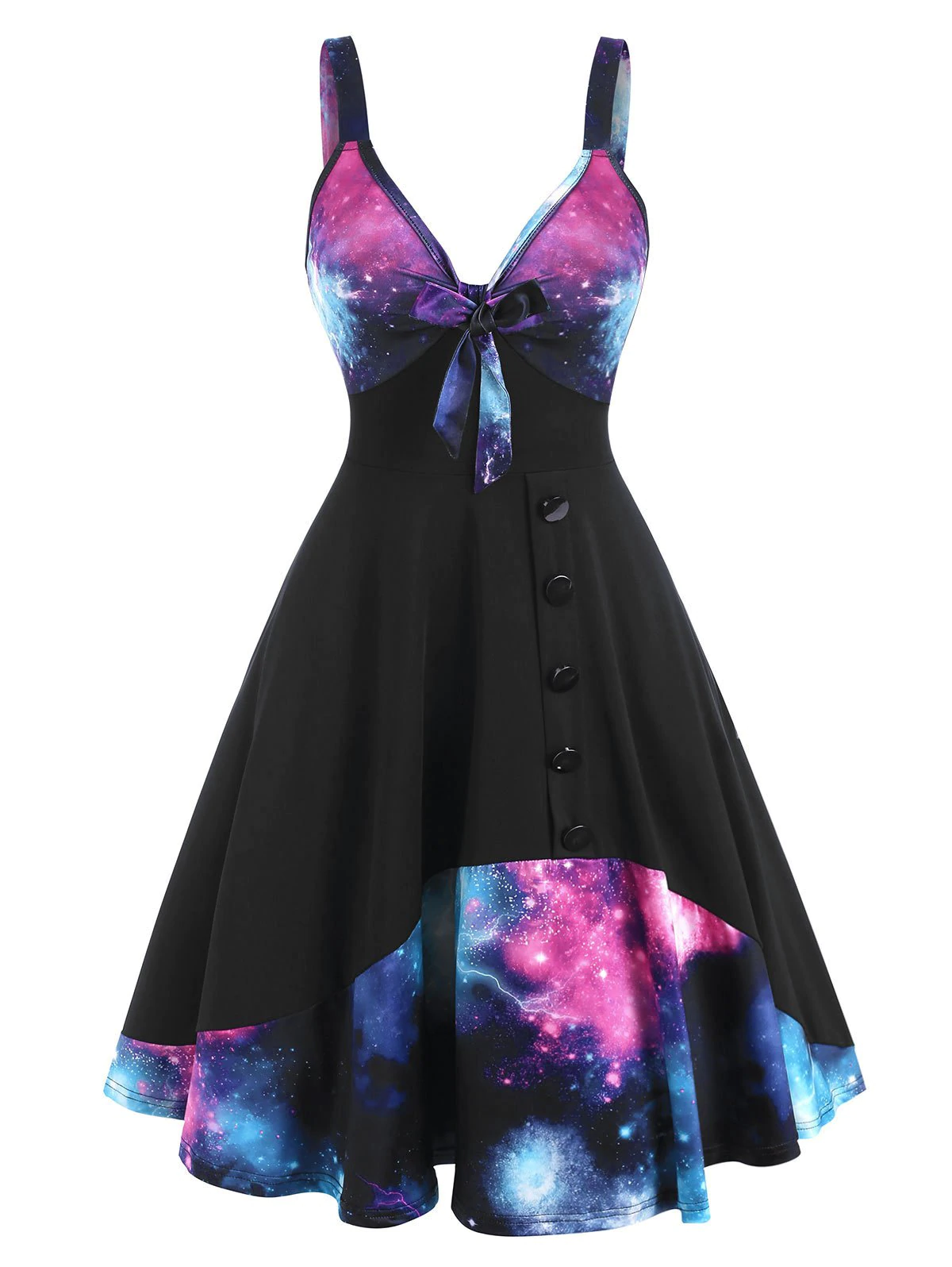 Galaxy Print Bowknot Buttons Sleeveless Dress