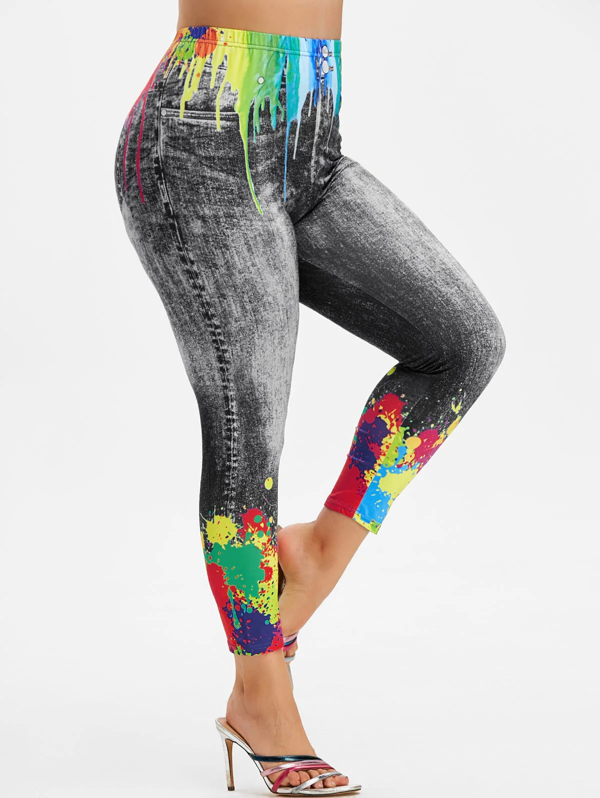 Plus Size Splatter Paint 3D Print Stretchy Jeggings