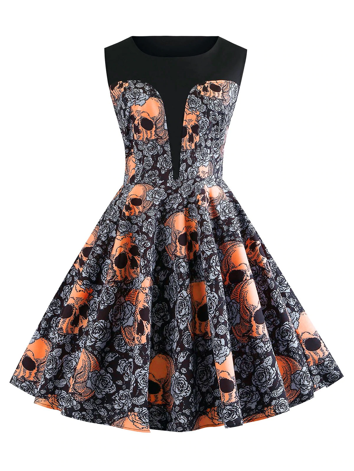 Halloween Skulls Flower Fit and Flare Vintage Dress