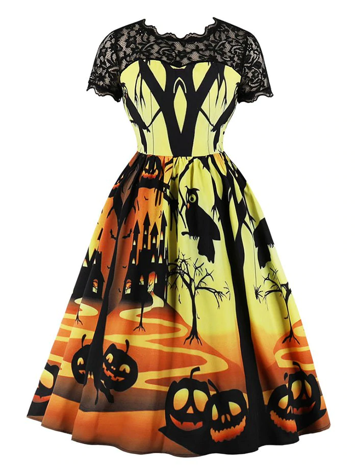 Pumpkin Spider Print Halloween Retro Dress with Lace