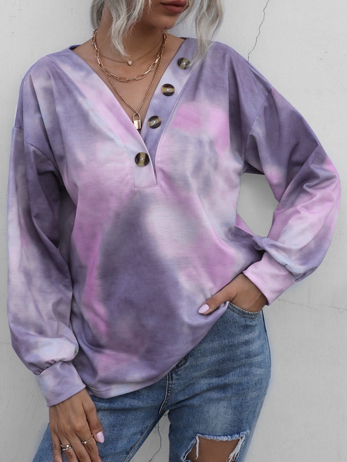 Tie Dye Mock Button Drop Shoulder Sweatshirt