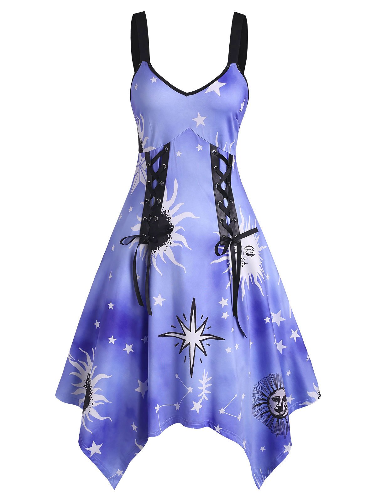 Sunflower Sun Star Print Lace Up High Waist Asymmetrical Dress