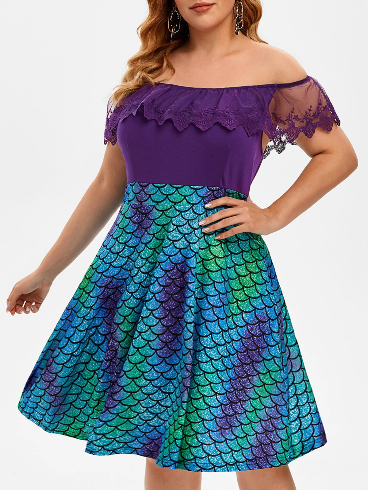 Off Shoulder Embroidered Mesh Panel Mermaid Print Plus Size Dres