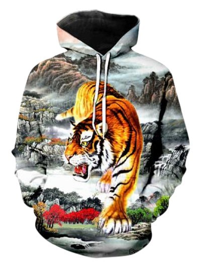 Casual Tiger Landscape Pattern Front Pocket Hoodie