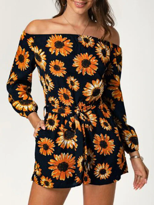 Off The Shoulder Sunflower Print Belted Romper